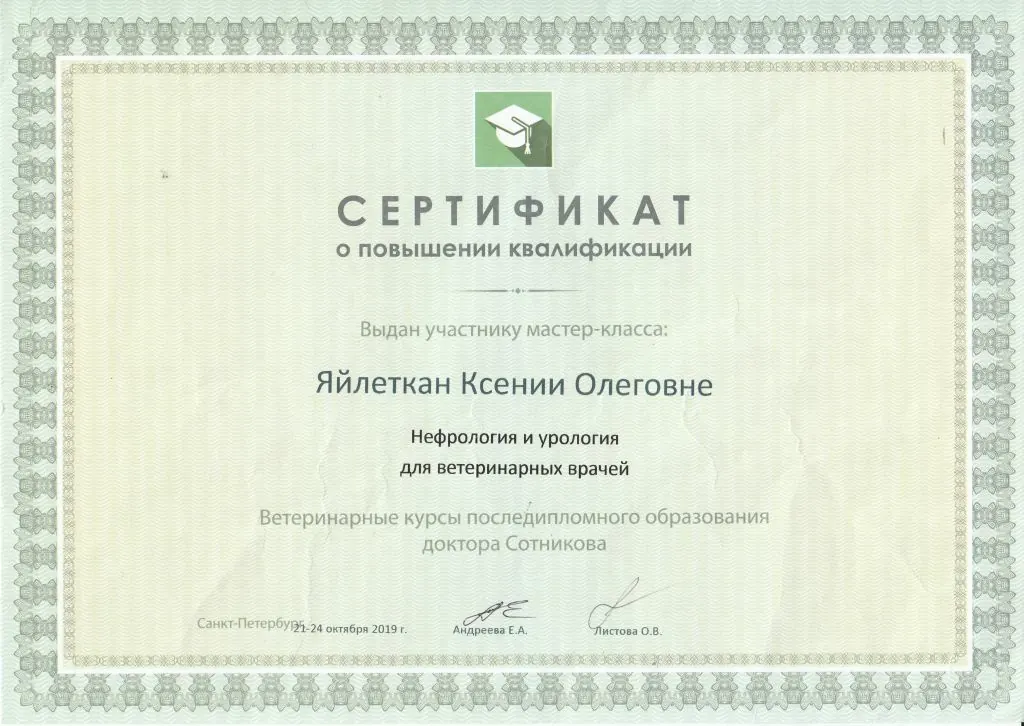 Сертификат о повышении квалификации врача клиники
